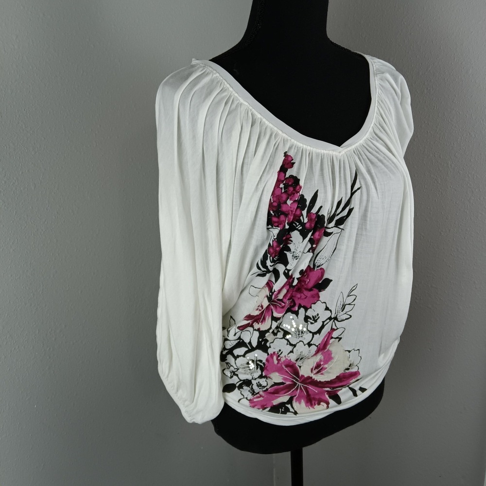 White House Black Market Shirt Womens Small White‎ Floral Sequin Pullover Top